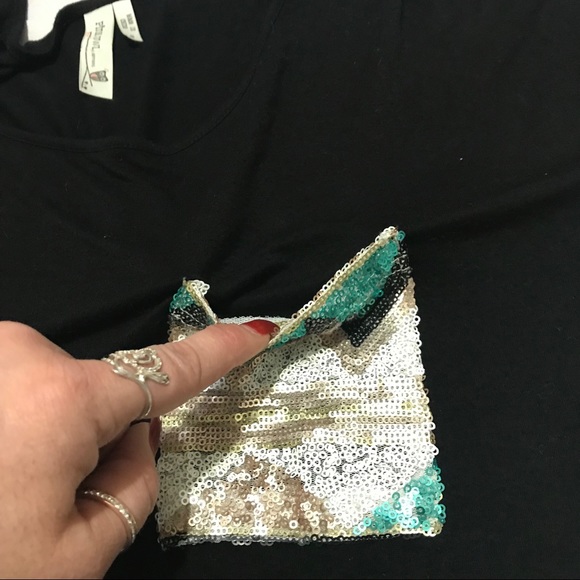Black sequined front pocket & sleeves top, L - Picture 4 of 7